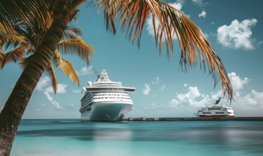 A large cruise ship is docked at the beach. The ship is white and is surrounded by a blue ocean.