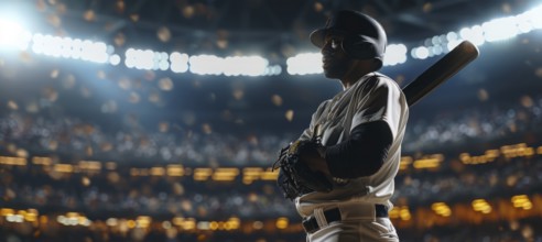 Black star athlete pitcher standing with the bat in the middle of the full stadium, AI generated