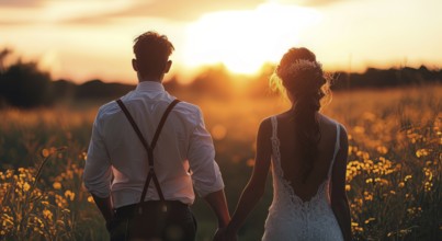 Affectionate romantic couple hugging at sunset during honeymoon in wedding dress, AI generated