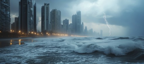 Hurricane destroys city shore, infrastructure and causing damage and floods, AI generated