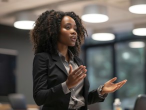 Confident successful black business manager woman executive explains business and success strategy,