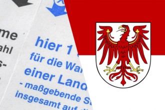 Symbolic image state election in Brandenburg: Flag of Brandenburg and close-up of a ballot paper.