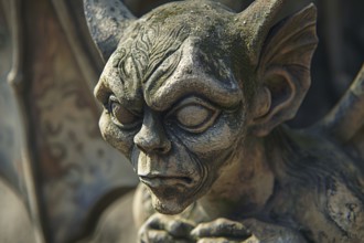 Scary face of stone gargoyle sculpture. Generative AI, AI generated