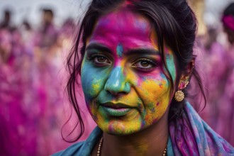 Indian woman colored face portrait during Holi Hindu festival, AI generated