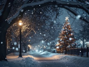 Christmas Eve with snowflakes fall under the light of a streetlamp with a decorated tree in the