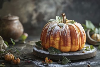 Pumpkin shaped bunt cake with autumn leaves and pumpkins. Generative AI, AI generated