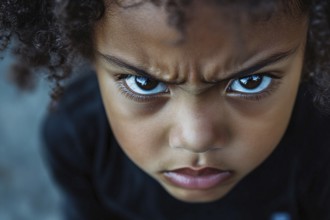 Close up of angry face of black female child. Generative Ai, AI generated