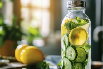 Bottle with healthy cucumber and lemon slices and mint detox drink. Generative Ai, AI generated