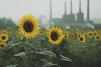 Field with growing sunflowers and factory with grey fumes in blurry background. Generative Ai, AI