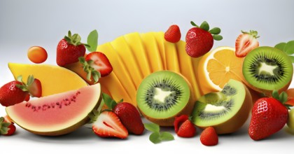 Colorful and artfully arranged slices of fruits like mangoes, strawberries, and kiwi, AI generated