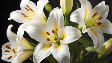 Blooming Easter lilies with soft white petals and a yellow center, bathed in gentle sunlight, AI