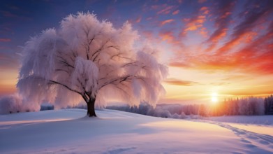 Serene winter landscape with a snow covered tree and a vibrant sunrise, AI generated