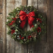 Classic holiday wreath with frosted holly leaves hanging on a rustic wooden door, AI generated