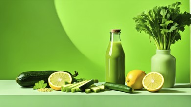 Bottle of vibrant green detox juice surrounded by green fruit and vegetables, AI generated