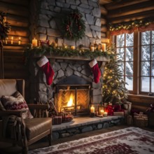 Traditional stone fireplace decorated for Christmas, with garlands, stockings, and candles, set in