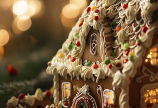 Gingerbread house decorations, focusing on the intricate icing details, colorful candy, and soft,