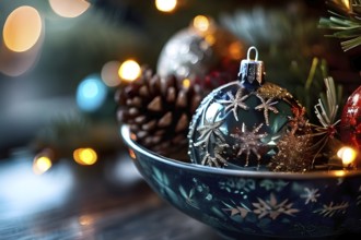 Christmas tree ornaments in a bowl, featuring a mix of glass baubles, pine cones, and fairy lights,