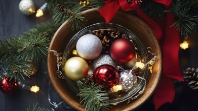 Christmas tree ornaments in a bowl, featuring a mix of glass baubles, pine cones, and fairy lights,