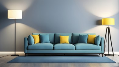 3d rendering of a couch with cushions and a floor lamp, AI generated