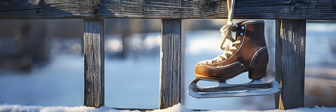 Pair of vintage ice skates hanging by their laces on an old wooden fence with frost and snow gently