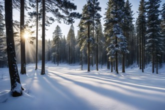 Peaceful snowy forest clearing at dawn with snow softly blanketing the ground and frost-covered