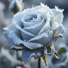 Detailed close-up of frost patterns on a white rose, AI generated