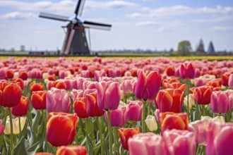 Field of bright red and pink tulip spring flowers with dutch windmill. KI generiert, generiert AI