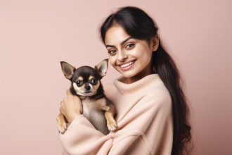 Young happy woman holdings mall tan chichuahua dog on pink background. KI generiert, generiert AI