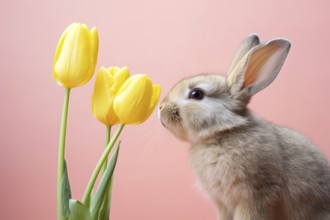 Cute bunny with yellow tulip spring flowers on pink background. KI generiert, generiert AI