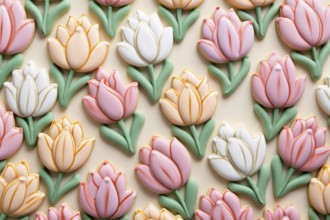 Top view of seasonal cookies in shape of tulip spring flowers with sugar icing. KI generiert,