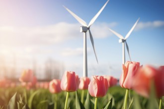 Tulip spring flowers with wind energy turbine in blurry background. KI generiert, generiert AI