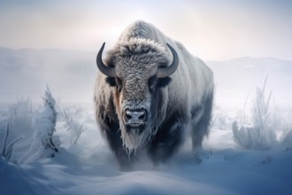 Large male bison covered with ice walking in snow, AI generated