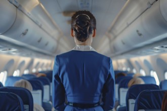 Back view of stewardess in blue uniform in airplane. KI generiert, generiert, AI generated