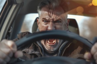 Angry, unnerved, aggressive, screaming man sitting behind the wheel, symbolic image for aggressive