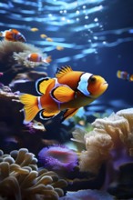 Clownfish darting among the tentacles of their host anemones in a saltwater reef tank, AI generated