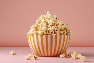 Striped bowl with popcorn on orange background. KI generiert, generiert, AI generated