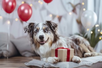 Australian Shepherd dog with birthday gift box and red and white balloons. KI generiert, generiert,