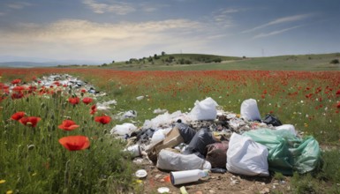 Symbolism, rubbish in the landscape, poppy field, AI-generated, AI-generated, AI generated