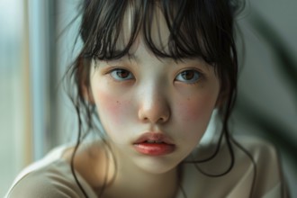 Portrait of young Asian woman or teenage girl with bangs. KI generiert, generiert, AI generated