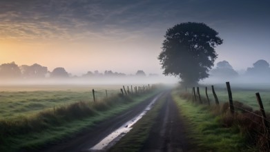 Sunrise in rural landscape in summer veiled in fog, AI generated