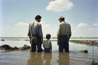 Distressed father and son farmers on their water flooded farmland, AI generated