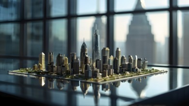 Architecture model of skyscraper with intricate details on a conference table in the office, AI