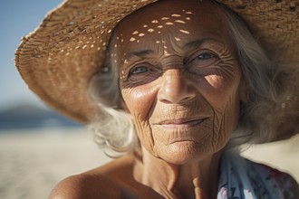 Elderly wrinkled womam with gray hair, tan skin and summer straw hat at sunny beach. KI generiert,