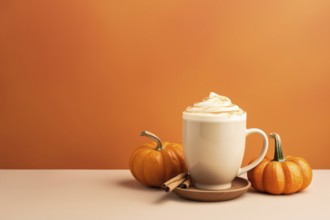 Pug with pumpkin spice latte, cinnamon rools and small pumpkins on orange background with copy