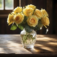 Vase of yellow roses aligned on an aged oak wood table, AI generated