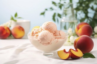 Peach ice cream in bowl with fruits. KI generiert, generiert, AI generated