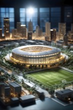 Scale model of soccer stadium on a polished conference table, AI generated