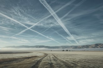 Sky with condensation trails from airplanes with dry landscape. Generative Ai, AI generated