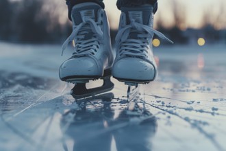 Person's feet in white ice skating shoes on frozen lake. Generative AI, AI generated