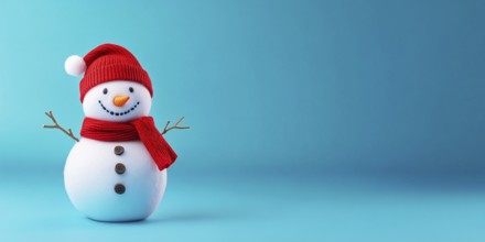 Cute snowman with knitted hatand scarf on blue background with copy space. Generative AI, AI